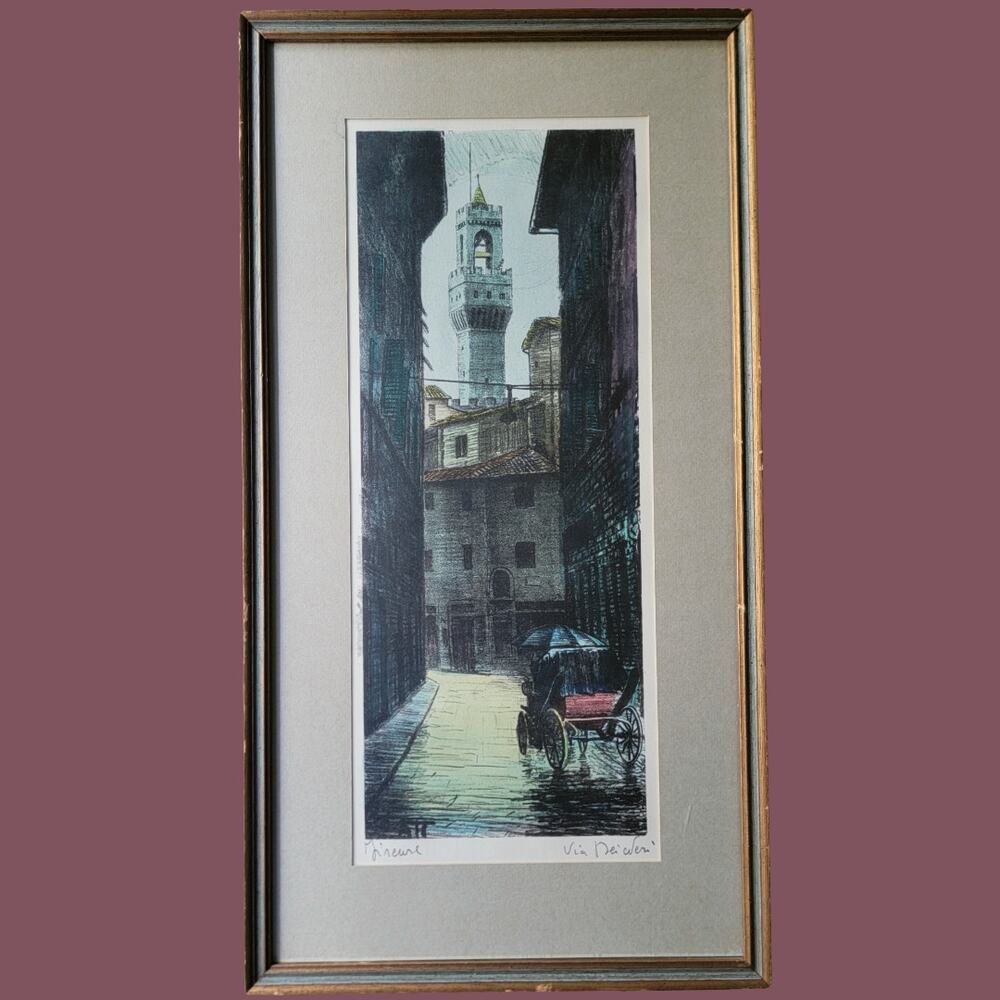 Vintage MCM 1972 Vertical Hand Colored Lithograph "Fierenze Via del Neri"